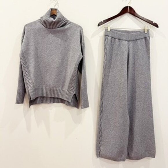 Deep Pink Sweaters - Womens Sweater Pants Set Medium Gray Turtleneck Cable Knit Ribbed Wide Leg Comfy